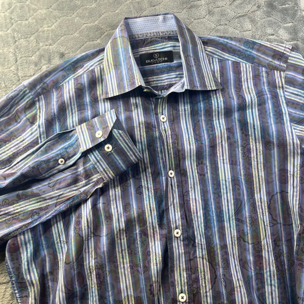 Bugatchi Uomo Button Up Shirt Mens XL Blue Purple Striped Paisley Floral Luxury